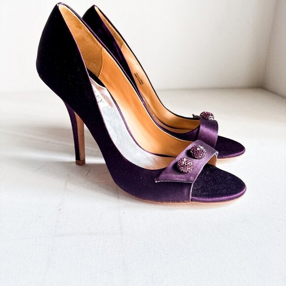 Badgley Mischka Purple Satin Rhinestine Open Toe Heels 7 - Picture 2 of 5